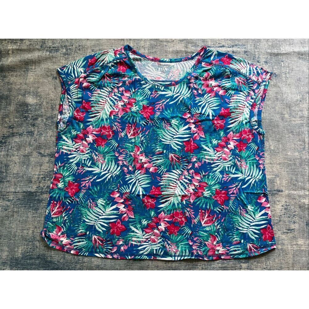 New! Woman Within Blue Pink Tropical Hibiscus Flower Leaf Print Top 3X